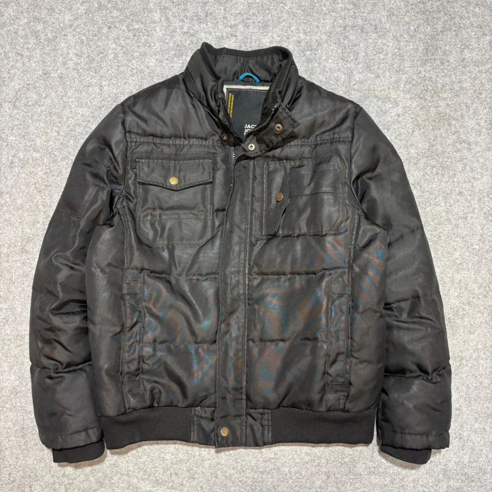 Jack & Jones Mens Black Quilted Puffer Bomber Jacket Size L Full Zip Coat